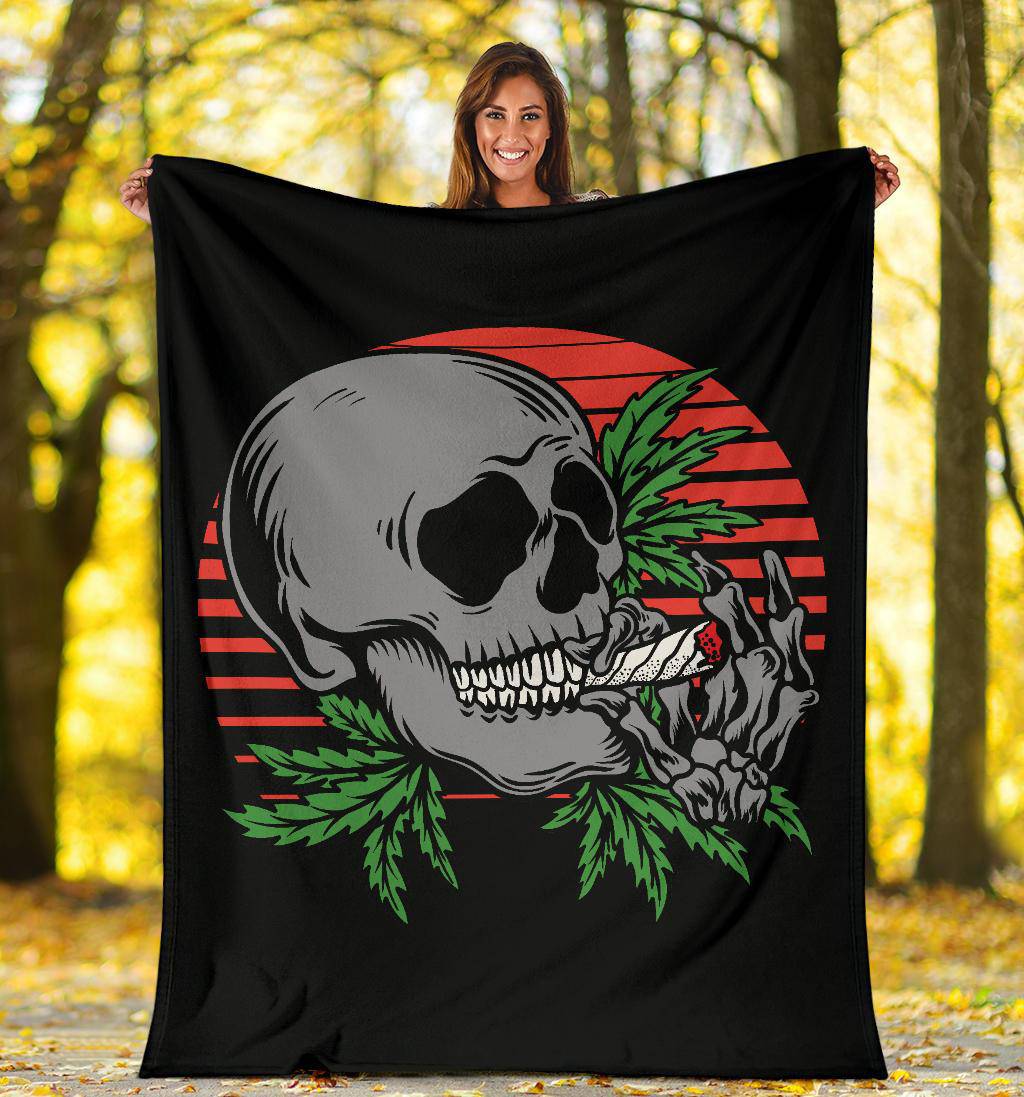 Skull Premium Blanket, Red Moon Weed Smoking Cartoon Illustration - Top Content | POD Collection | Free Shipping