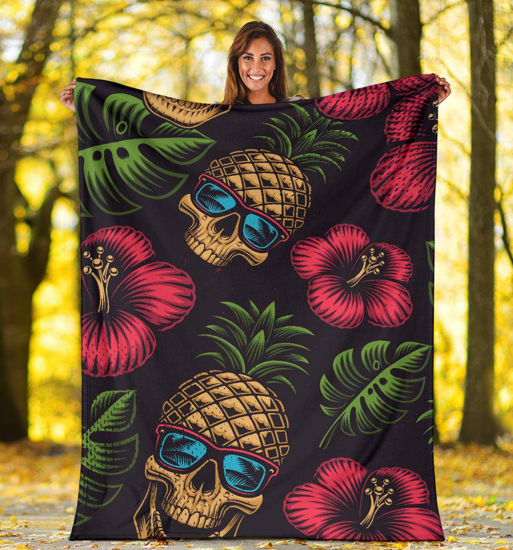 Tropical Flowers, Skull Pineapple Head Premium Blanket - Top Content | POD Collection | Free Shipping