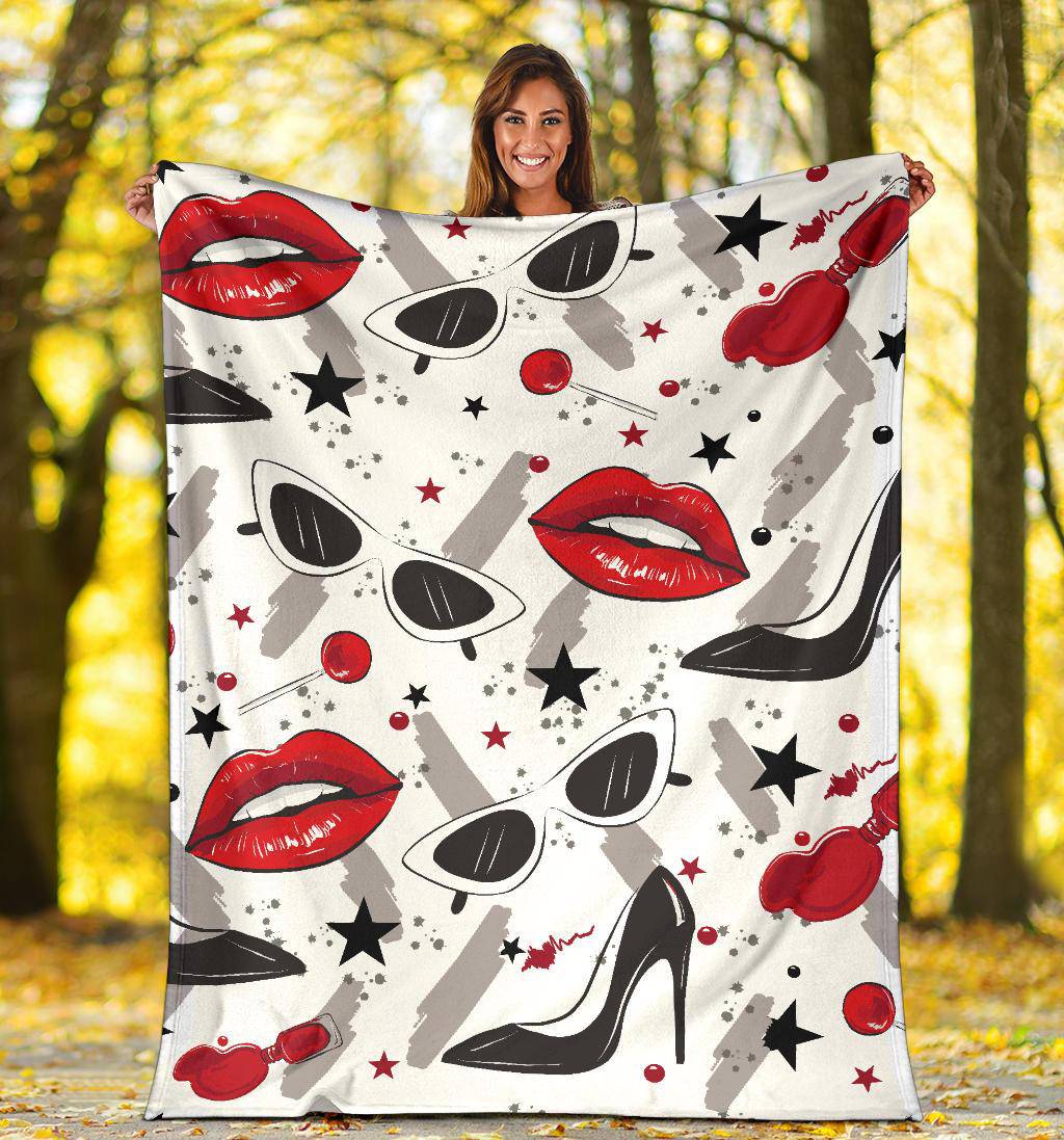 Red Lips Black Heels Lollipop Makeup Stars Premium Blanket - Top Content | POD Collection | Free Shipping