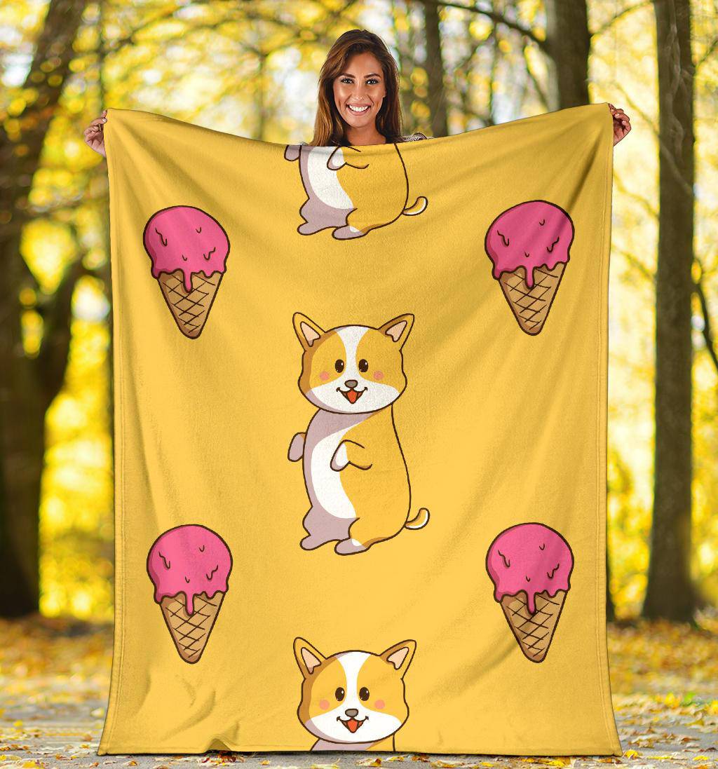 Cute Corgi With Ice Cream, Yellow Doodle Style Cartoon Premium Blanket - Top Content | POD Collection | Free Shipping