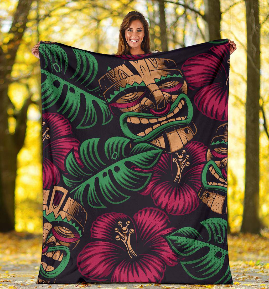 Tiki Mask Polynesia Style Tropical Flowers Premium Blanket - Top Content | POD Collection | Free Shipping