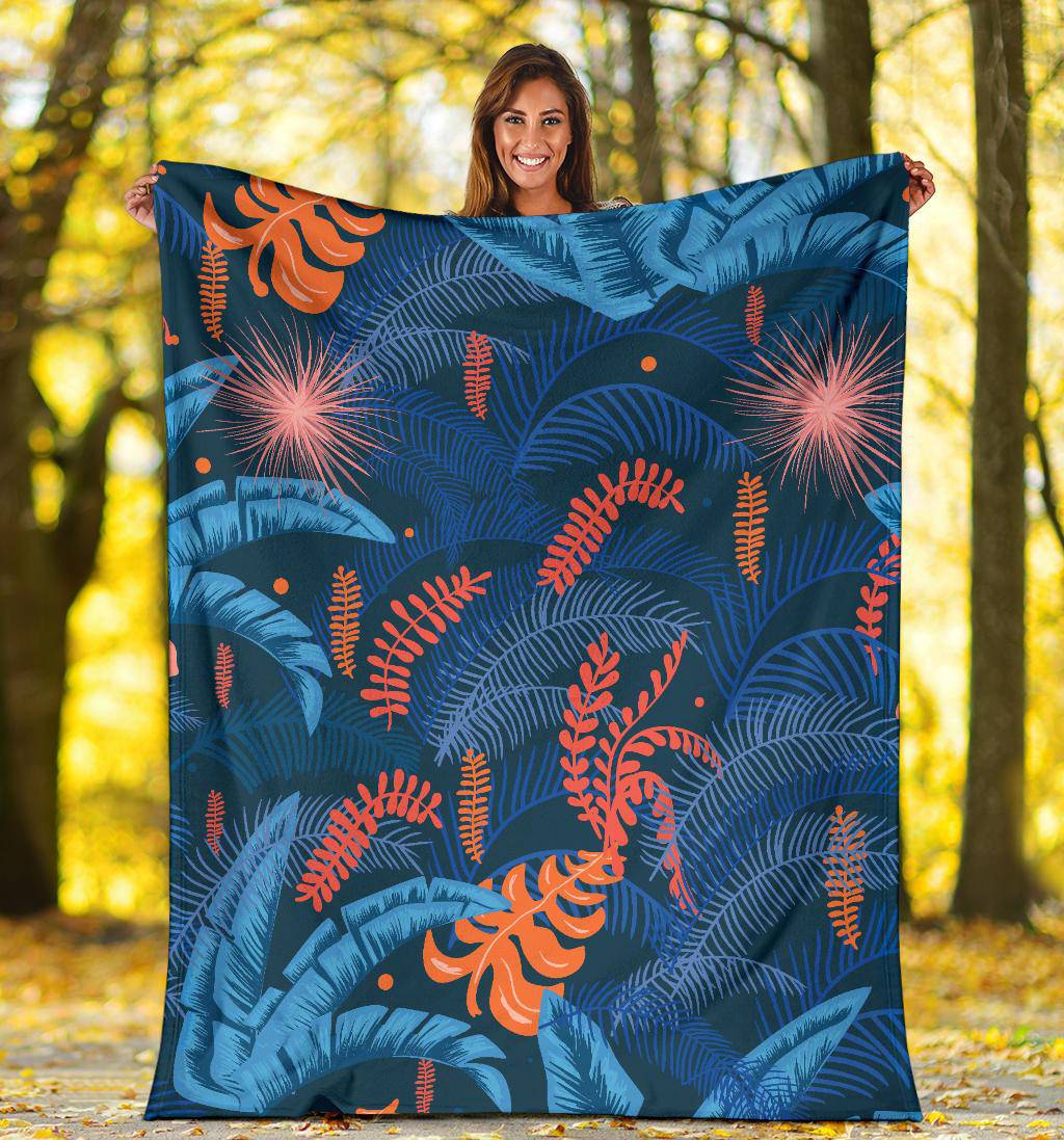 Blue Jungle Leaves Pattern Premium Blanket - Top Content | POD Collection | Free Shipping