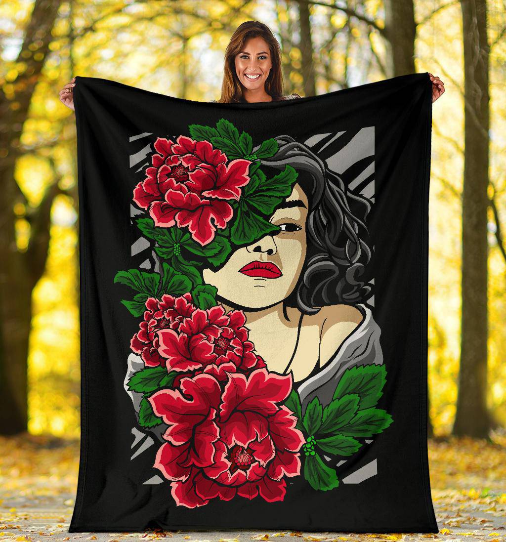 Beautiful Red Flower Women Cartoon Drawing Premium Blanket - Top Content | POD Collection | Free Shipping