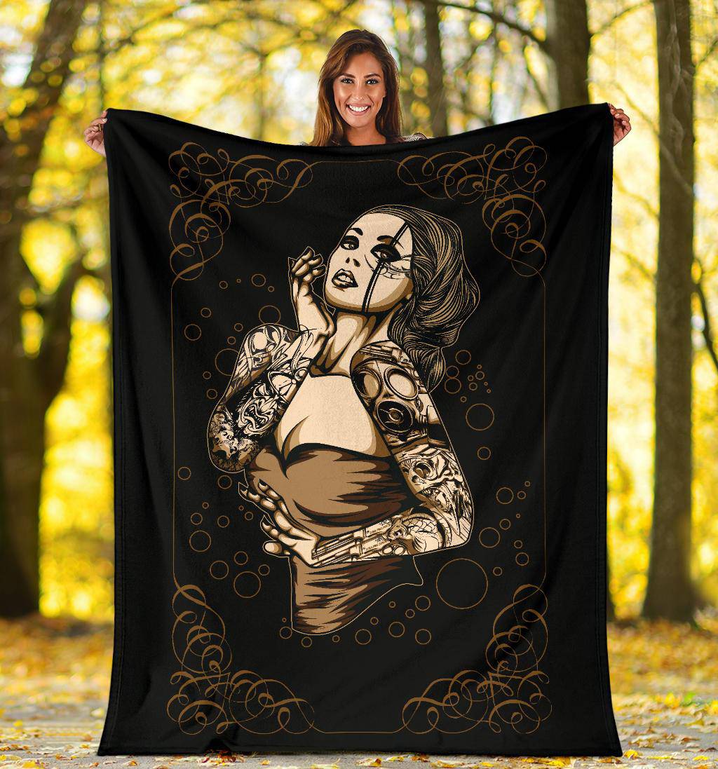 Sexy Tattooed Girl Premium Blanket, Tattoo Style Cartoon Drawing - Top Content | POD Collection | Free Shipping