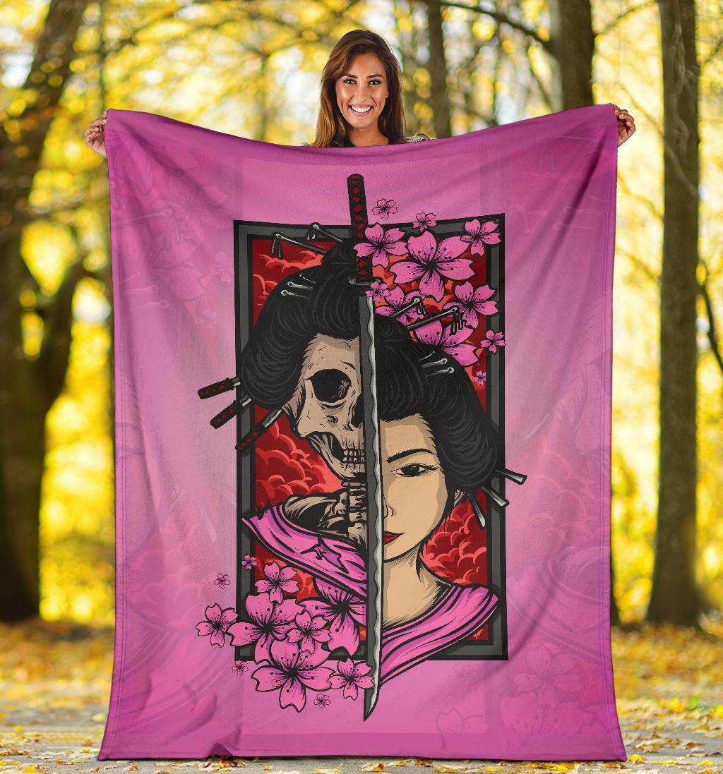 Geisha Skull With Sakura And Katana Premium Blanket, Japanese Style Art - Top Content | POD Collection | Free Shipping