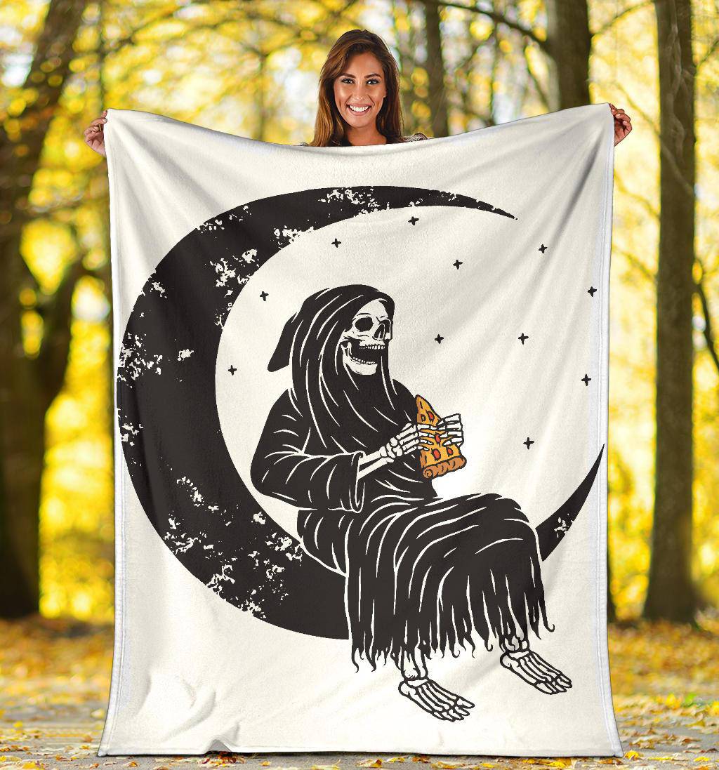 Premium Blanket Skull Moon Grim Reaper Eating Pizza Funny Cartoon - Top Content | POD Collection | Free Shipping