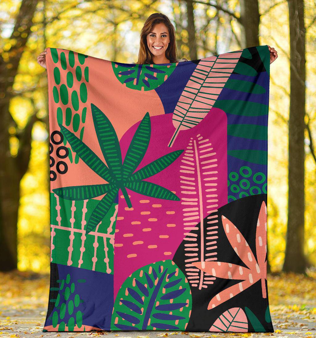 Colorful Tropical Leaves Nature Hand Drawn Premium Blanket - Top Content | POD Collection | Free Shipping