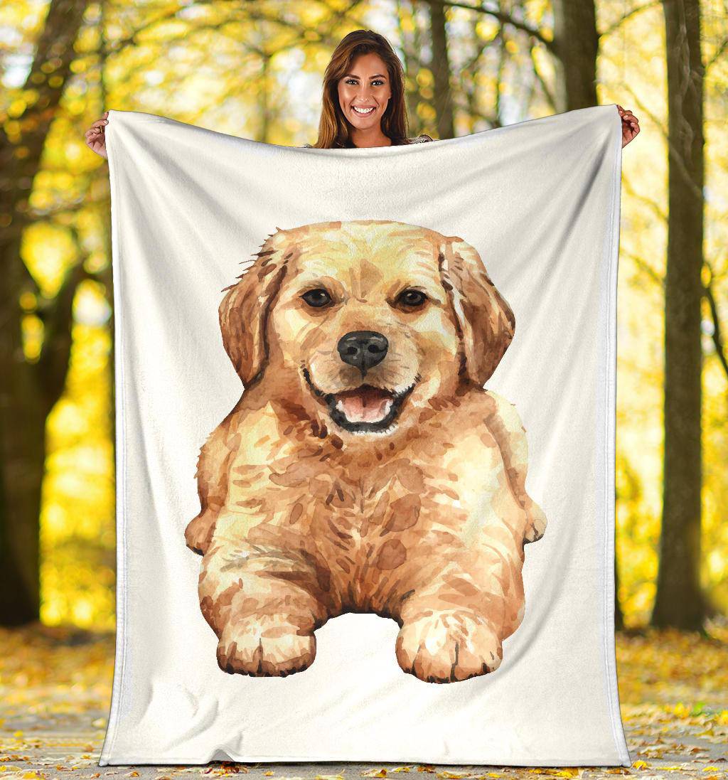 Golden Retriever Puppy Premium Blanket, Hand Drawn Watercolour Dog - Top Content | POD Collection | Free Shipping