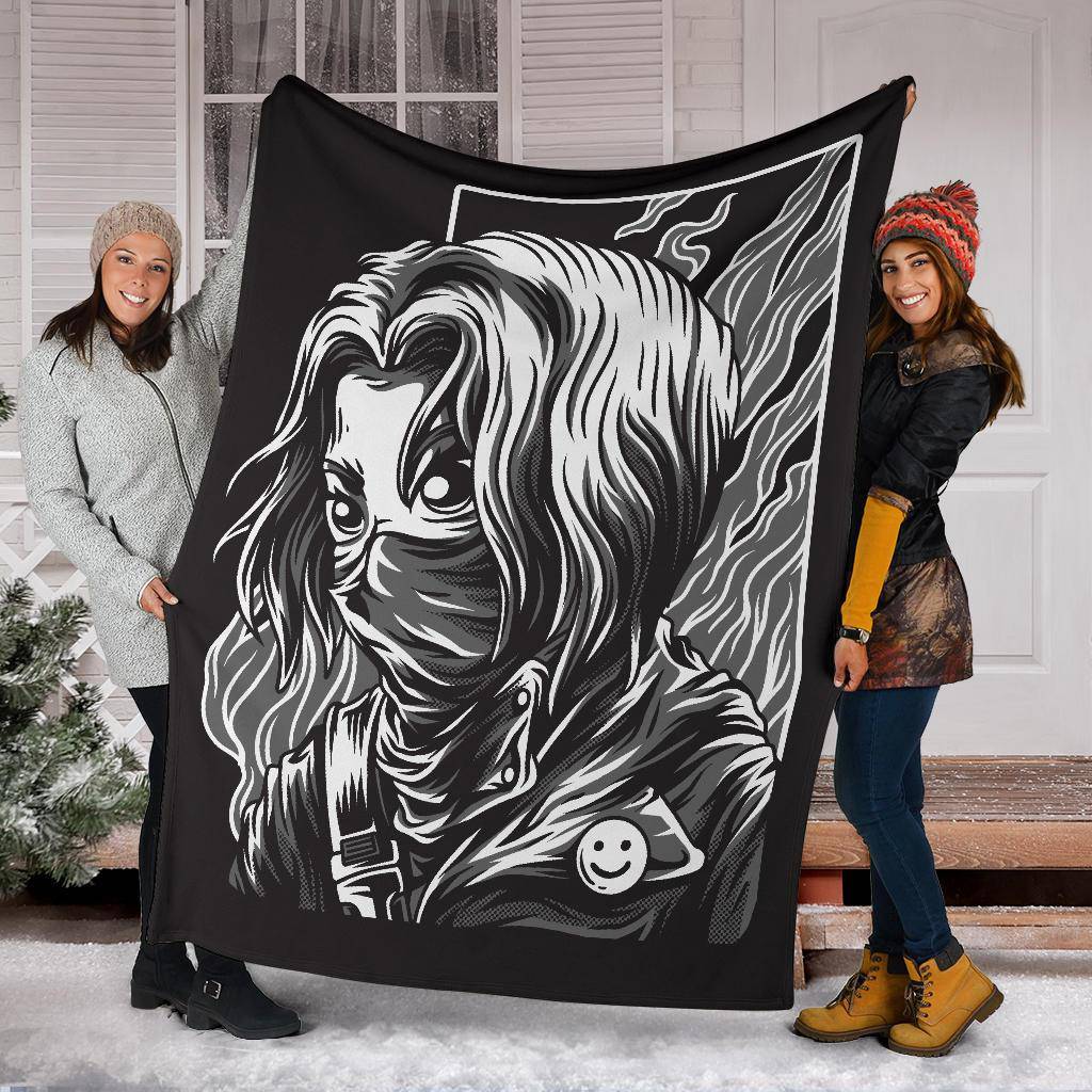 Premium Blanket Masked Smiley Warrior Girl Cartoon - Top Content | POD Collection | Free Shipping