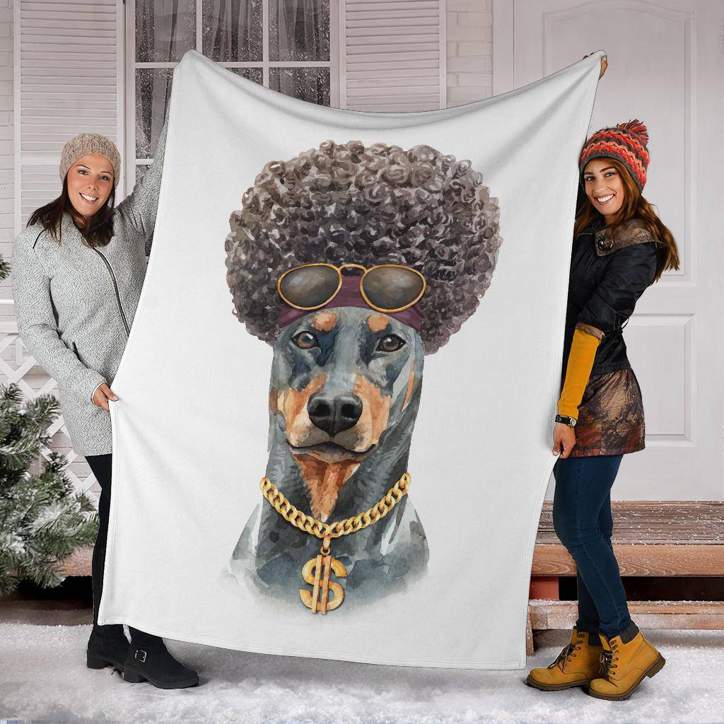 Funny Afro Doberman Premium Blanket, Watercolour Dog Portrait Drawing - Top Content | POD Collection | Free Shipping