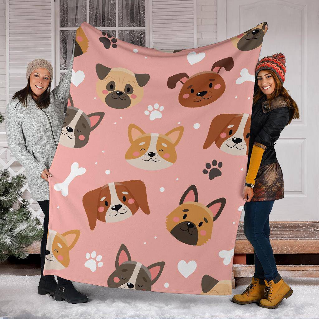 Cute Doggy Pink Background, Paws and Bones Cartoon Premium Blanket - Top Content | POD Collection | Free Shipping