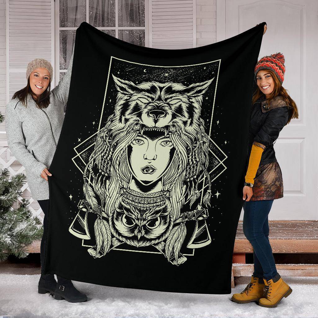 Hand Drawing Chief Women Wolf Head Illustration Premium Blanket - Top Content | POD Collection | Free Shipping