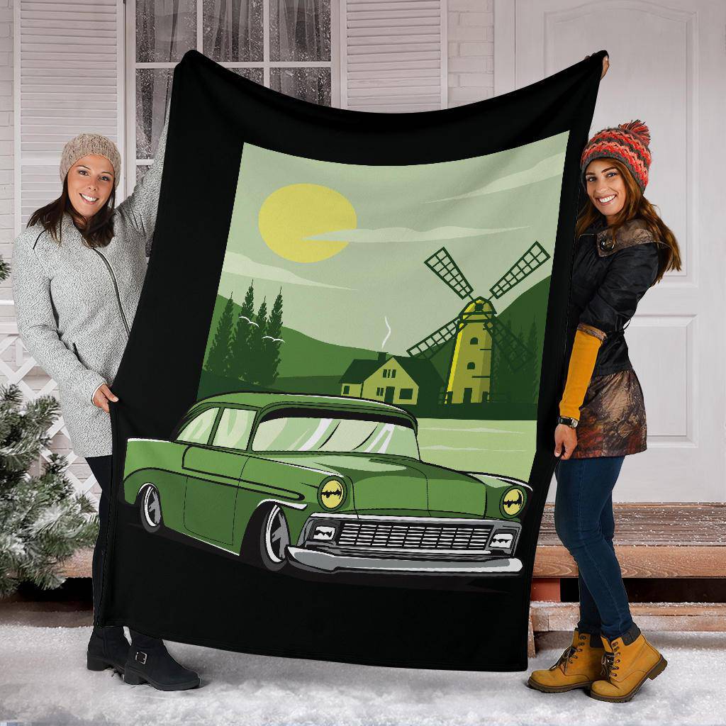 Green Car Windmill Cartoon Premium Blanket - Top Content | POD Collection | Free Shipping