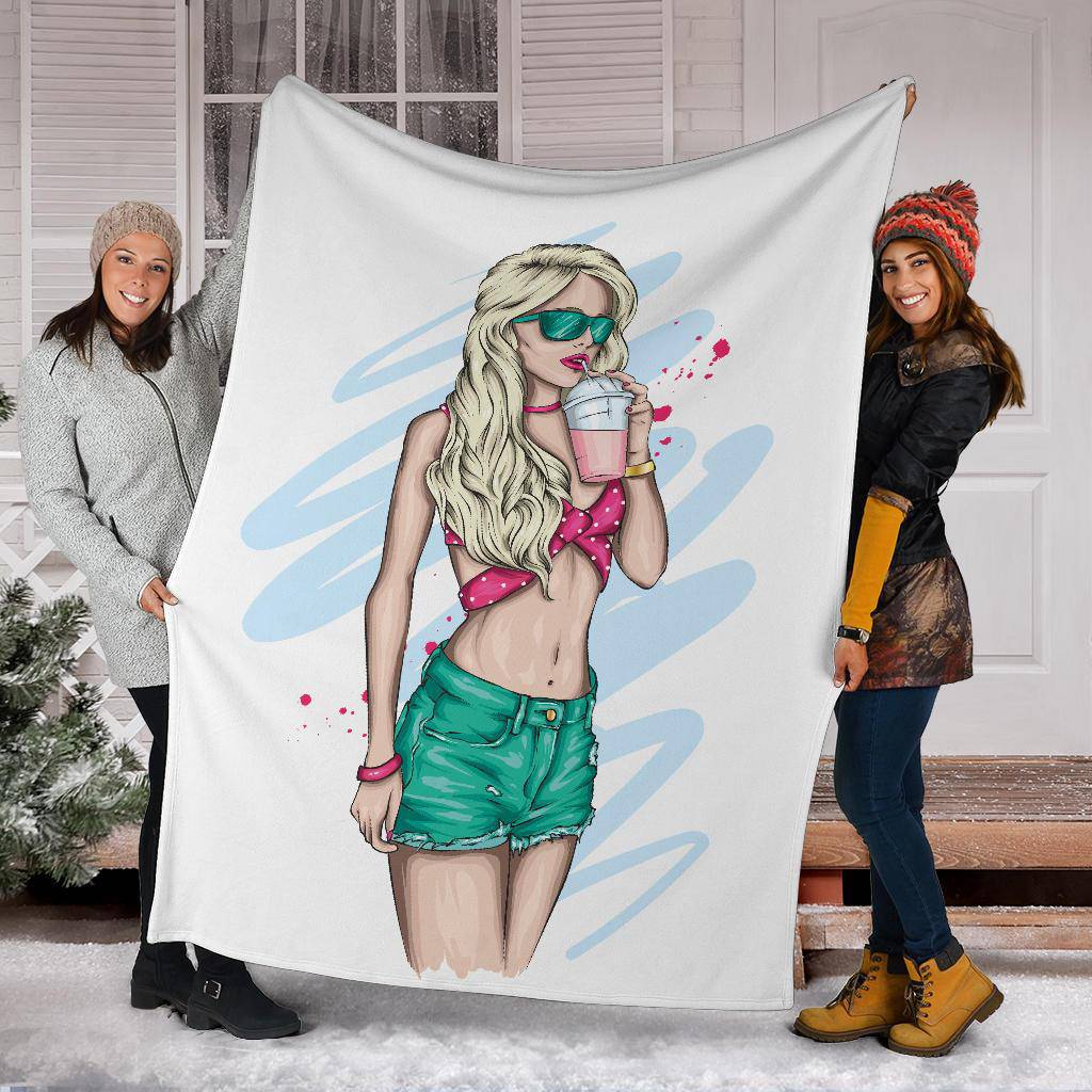 Sexy Summer Cocktail Girl Cartoon Drawing Premium Blanket - Top Content | POD Collection | Free Shipping