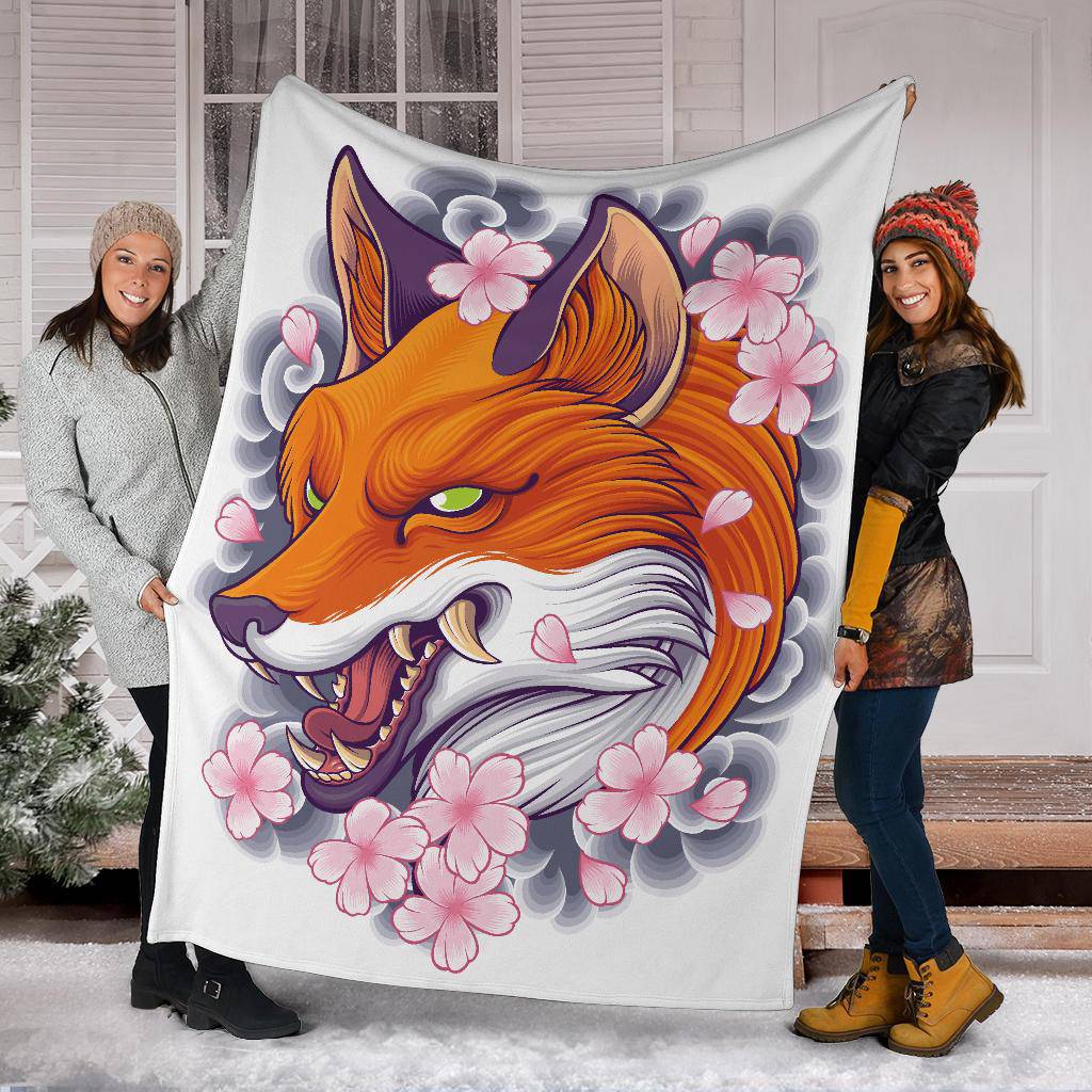 Angry Fox Head with Japanese Flowers Premium Blanket - Top Content | POD Collection | Free Shipping