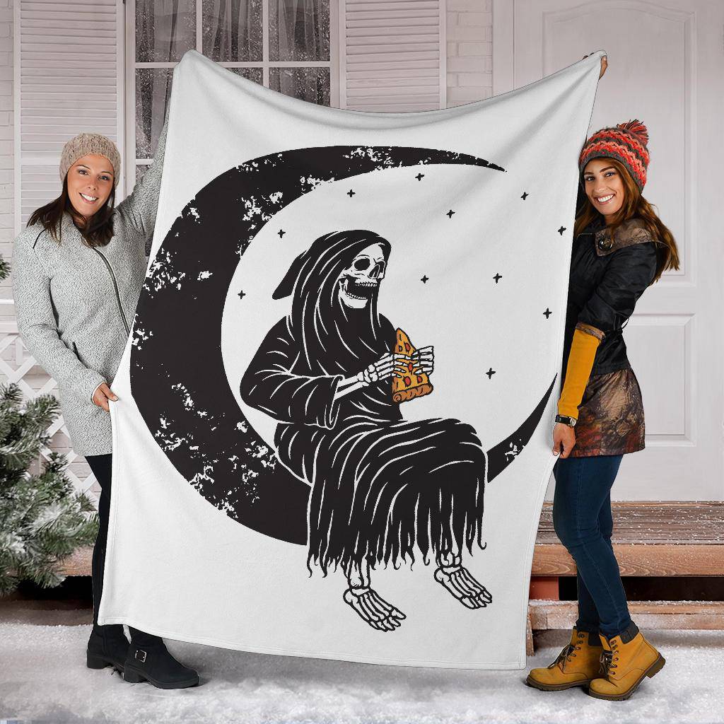 Premium Blanket Skull Moon Grim Reaper Eating Pizza Funny Cartoon - Top Content | POD Collection | Free Shipping