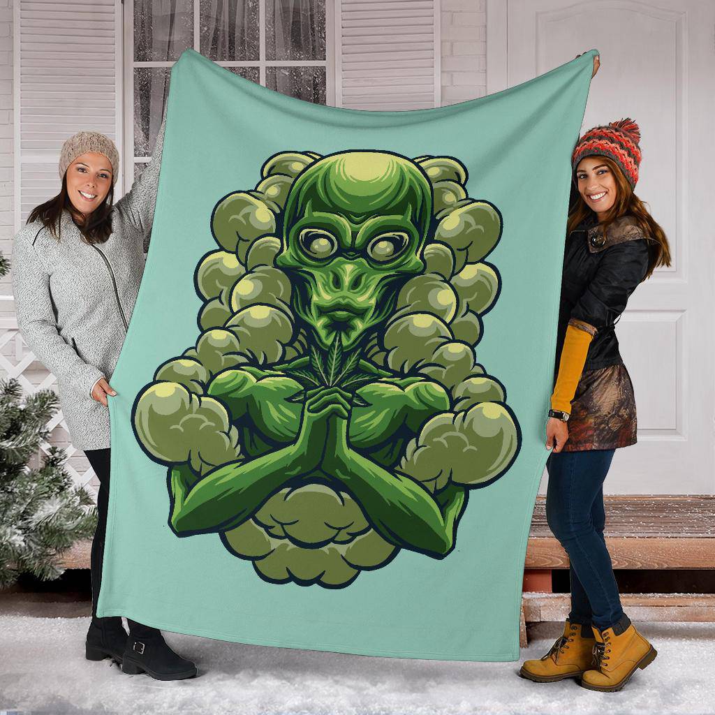 Alien Holding Marijuana, Cool Weed Cartoon Premium Blanket - Top Content | POD Collection | Free Shipping