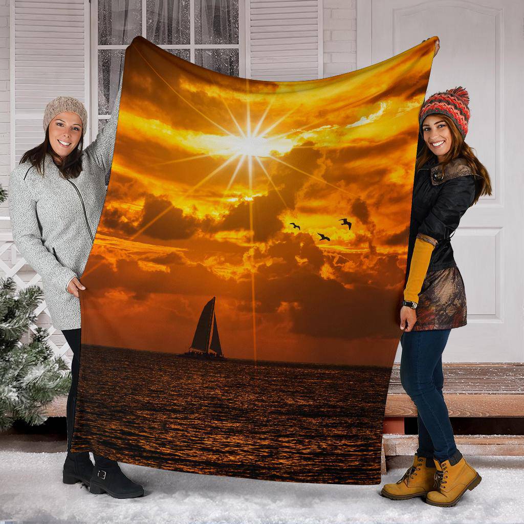 Silhouette Boat Sea Sun Birds Premium Blanket - Top Content | POD Collection | Free Shipping