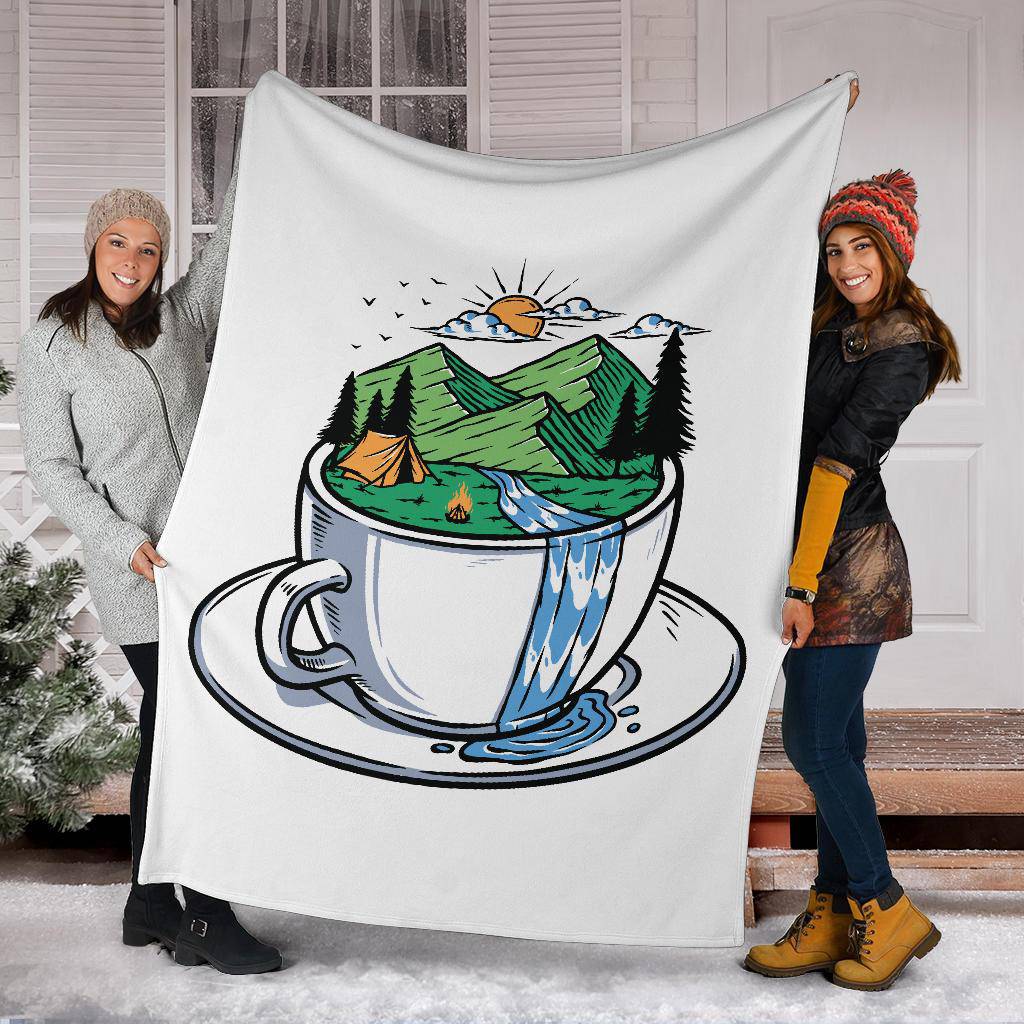 Mountain View In A Cup Premium Blanket, Cool Cartoon Drawing - Top Content | POD Collection | Free Shipping