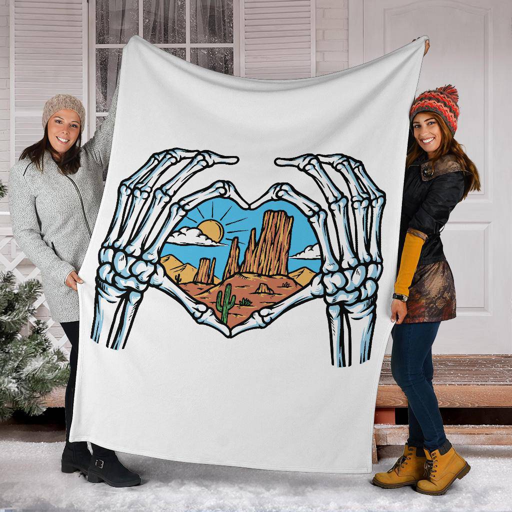 Skeleton Hands Shows Love For Desert View Cartoon Premium Blanket - Top Content | POD Collection | Free Shipping