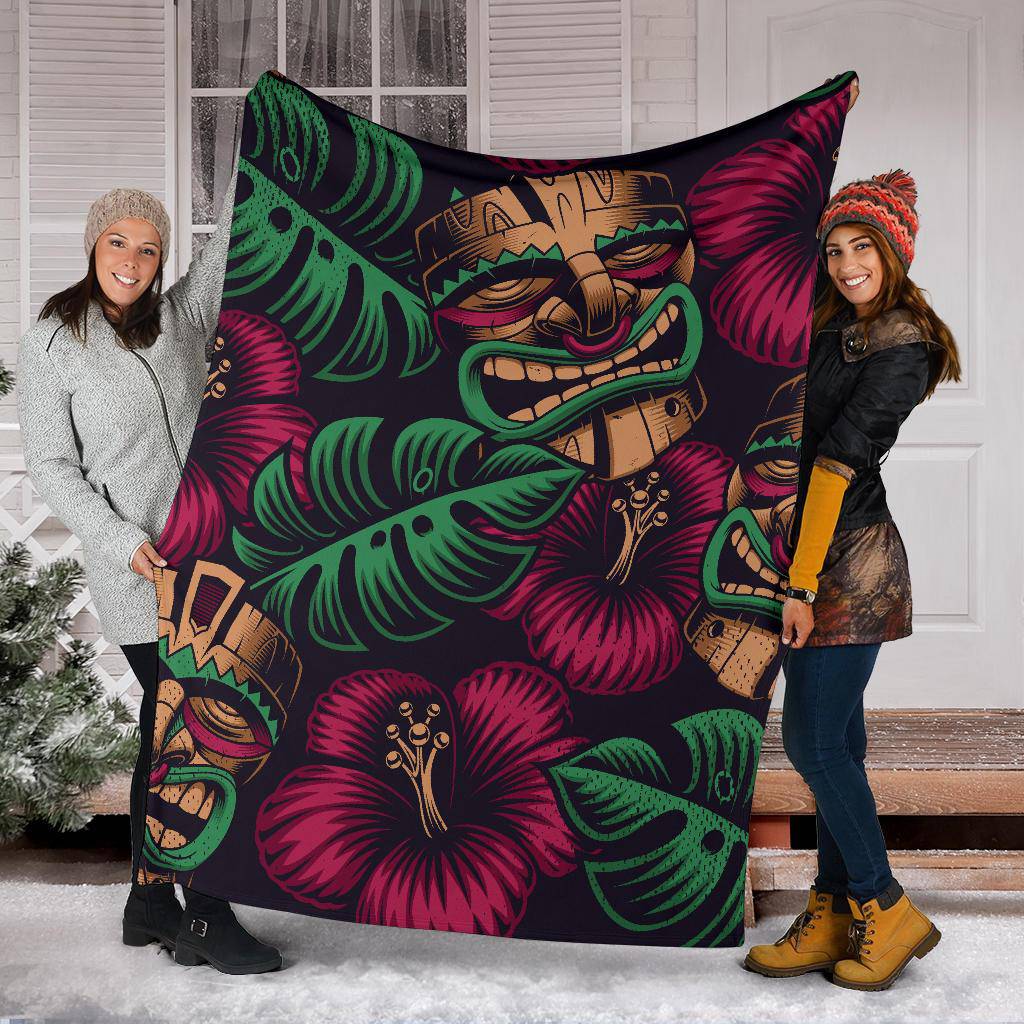 Tiki Mask Polynesia Style Tropical Flowers Premium Blanket - Top Content | POD Collection | Free Shipping