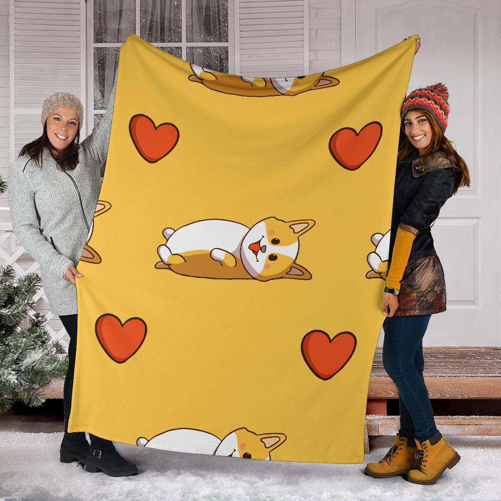 Cute Corgi WIth Love Icon, Doodle Yellow Style Cartoon Premium Blanket - Top Content | POD Collection | Free Shipping