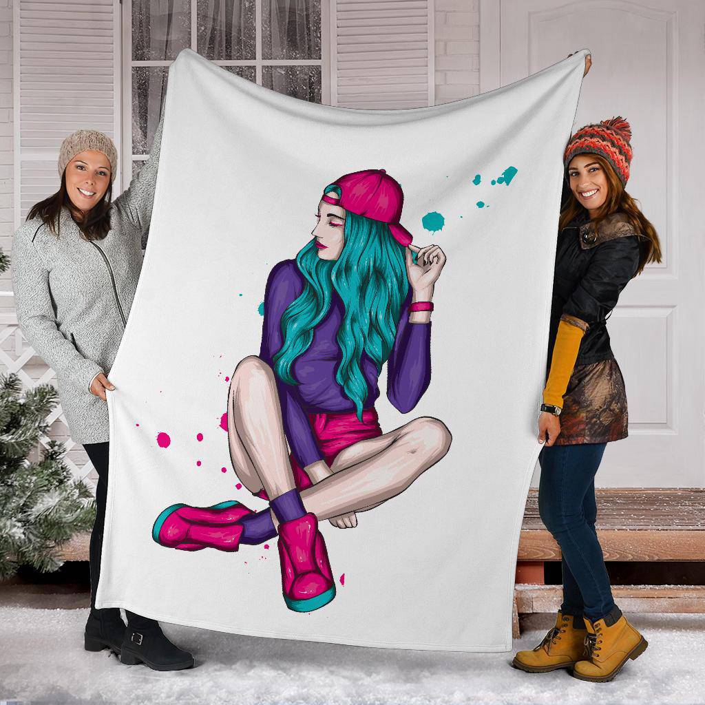 Premium Blanket Cool Colorful Girl Cap and Shorts Illustration - Top Content | POD Collection | Free Shipping