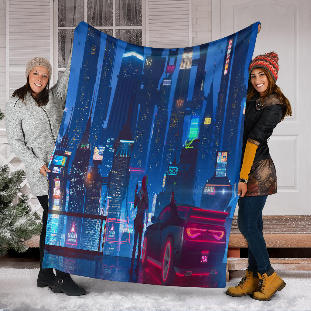 city life futuristic car artwork blanket