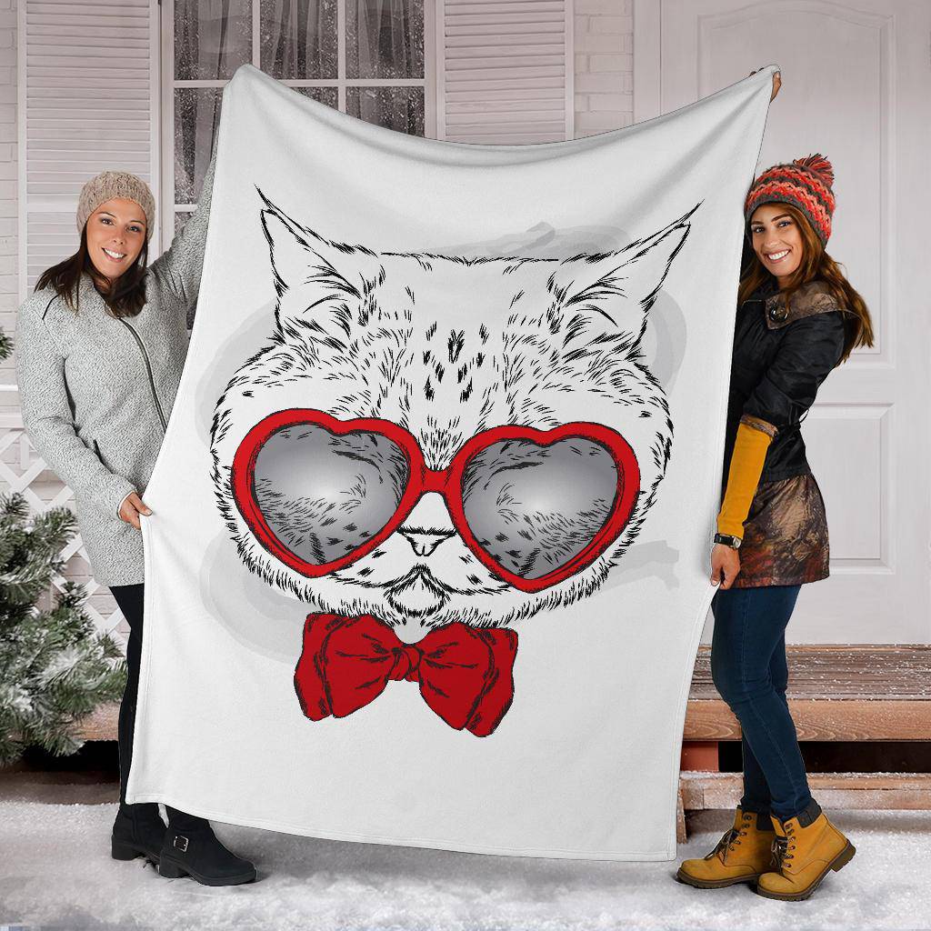 Cute Cat With Red Heart Glasses Premium Blanket - Top Content | POD Collection | Free Shipping