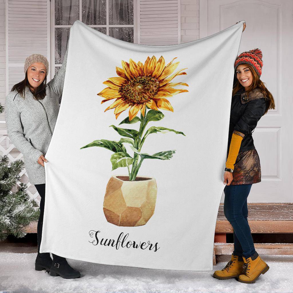 Sunflower Flower Pot Premium Blanket, Watercolour Drawing Illustration - Top Content | POD Collection | Free Shipping