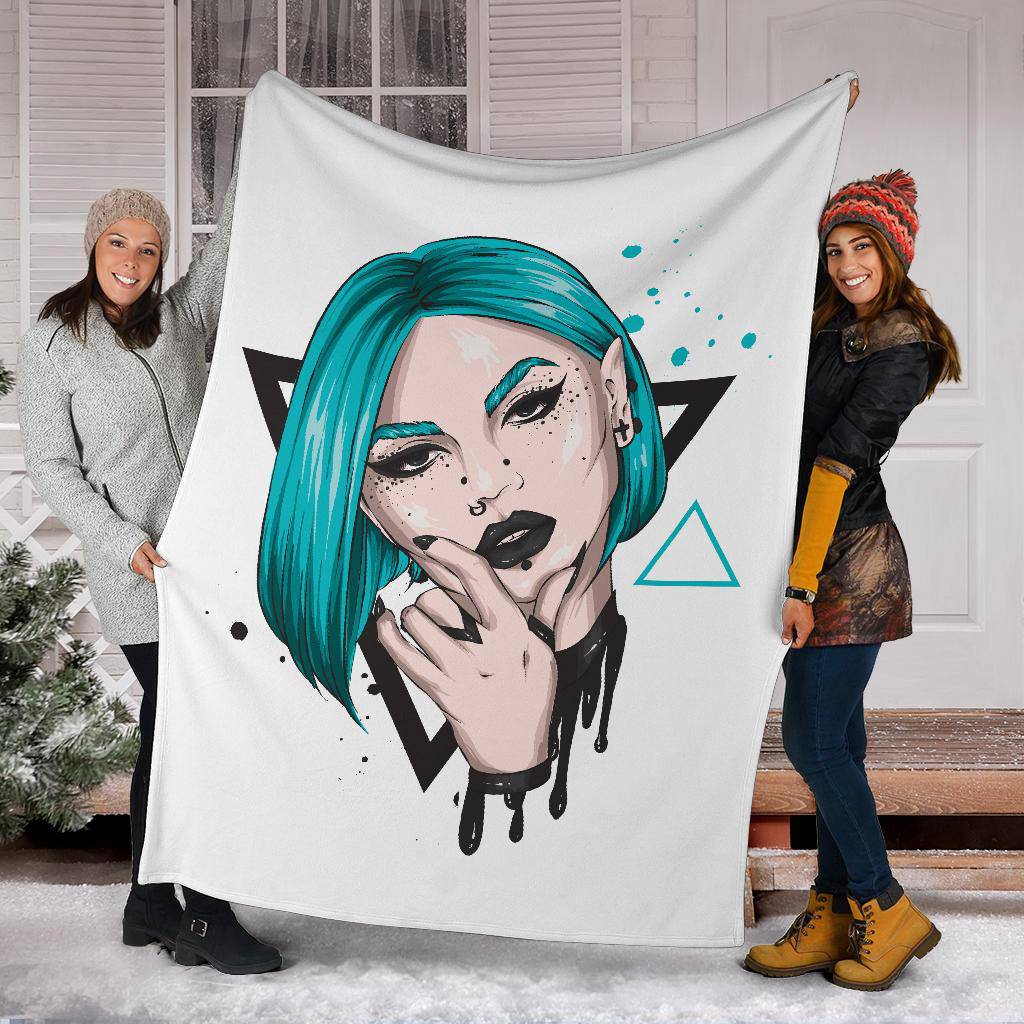 Blue Girl Portrait Premium Blanket, Cool Punk Cartoon Drawing - Top Content | POD Collection | Free Shipping