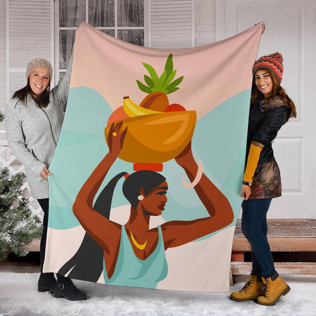 Young Female Carries Basket with Fruits on her Head, Hand Drawn Premium Blanket - Top Content | POD Collection | Free Shipping