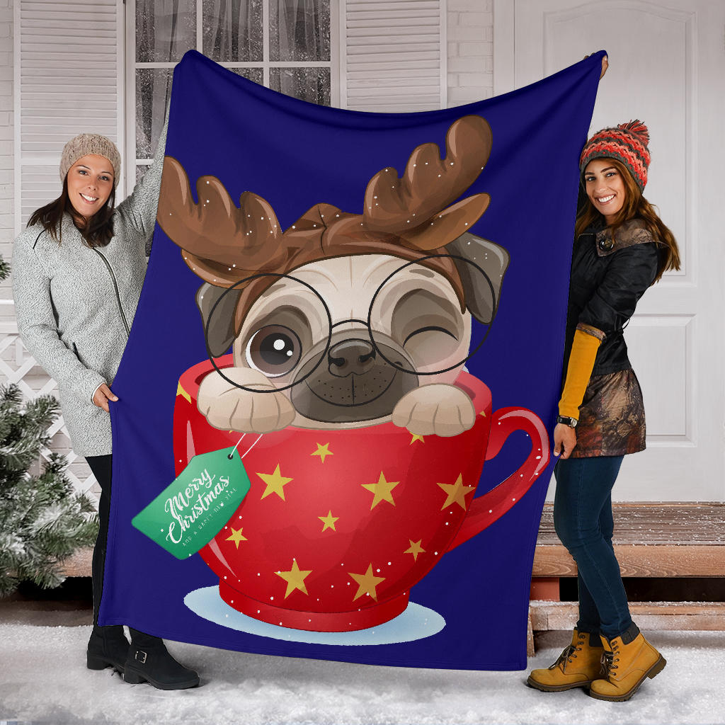 cute doodle pug christmas day blue blanket - Top Content | POD Collection | Free Shipping