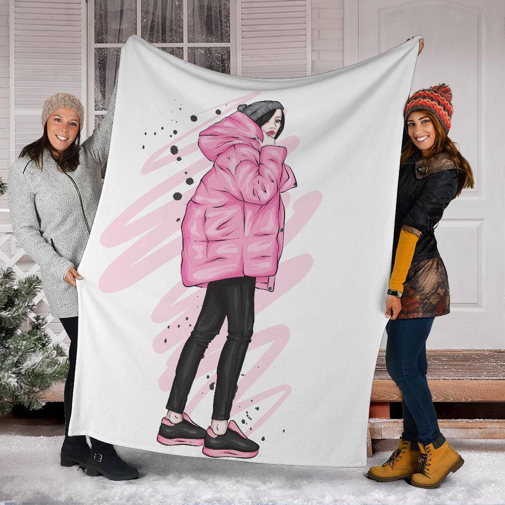 Stylish Pink Winter Girl Cartoon Premium Blanket - Top Content | POD Collection | Free Shipping