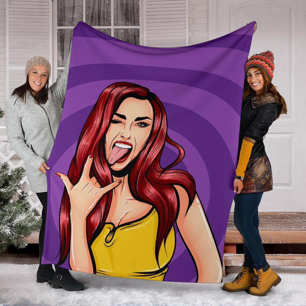 Crazy Girl Pop Art Rock Showing Tongue Premium Blanket - Top Content | POD Collection | Free Shipping