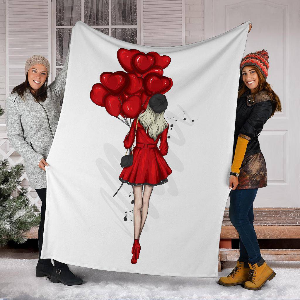 Premium Blanket Stylish Beautiful Girl With Heart Ballons - Top Content | POD Collection | Free Shipping