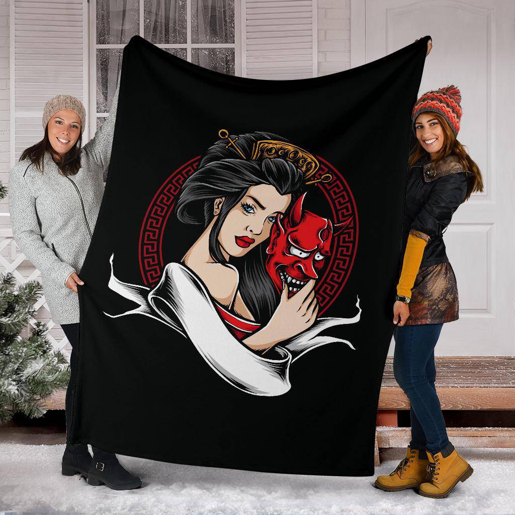 Geisha Holding Oni Mask Premium Blanket, Cool Japanese Art - Top Content | POD Collection | Free Shipping