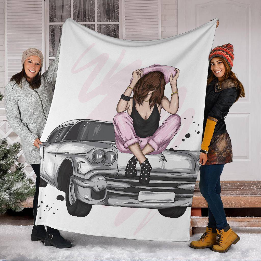 Beautiful Retro Car Girl Premium Blanket - Top Content | POD Collection | Free Shipping