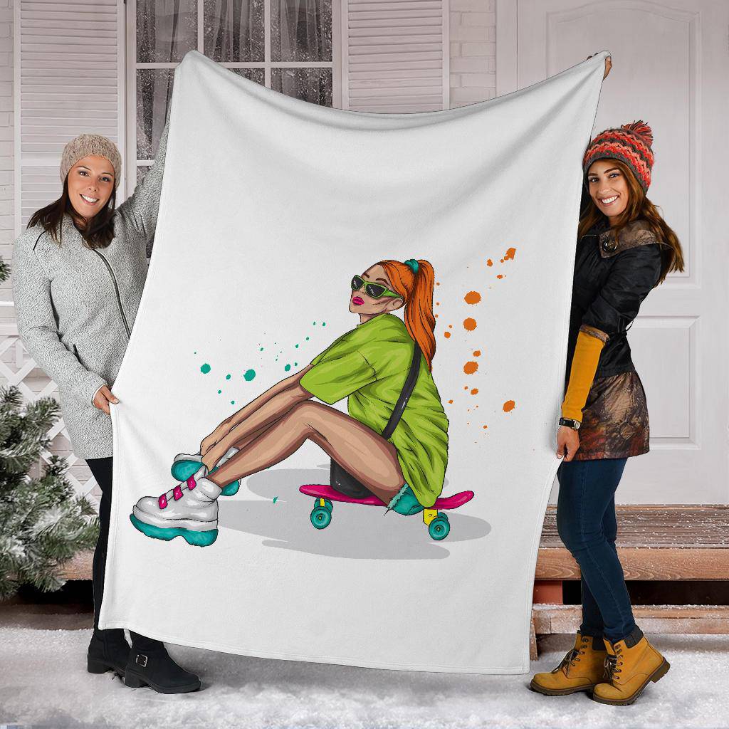 Premium Blanket Stylish Beautiful Girl With Skateboard Illustration - Top Content | POD Collection | Free Shipping