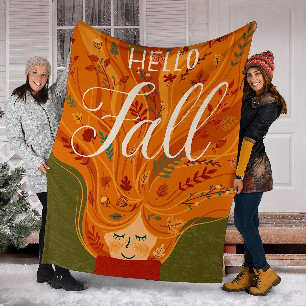 Hello Autumn Fall Leaves Red Hair Girl Premium Blanket - Top Content | POD Collection | Free Shipping