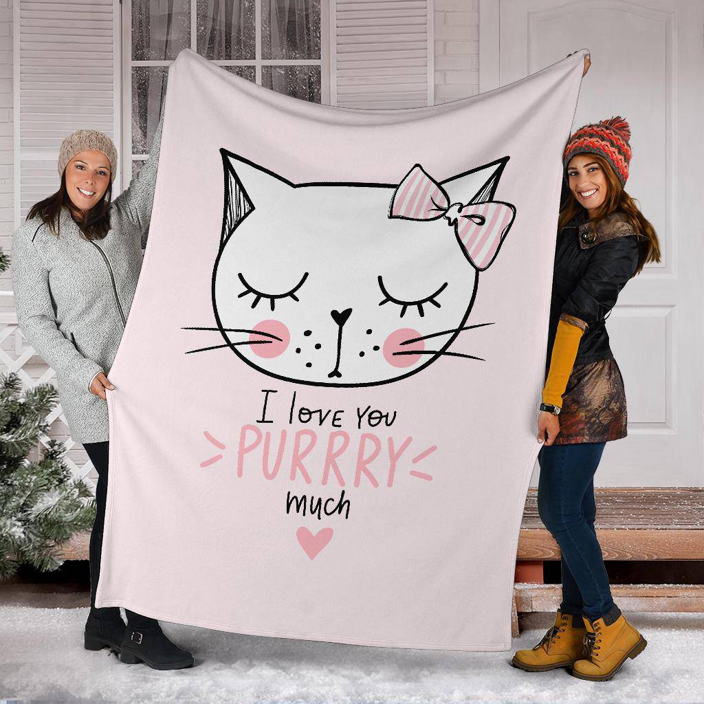 Cute Pink Cat Cartoon Drawing Premium Blanket, I Love You Purrry Much - Top Content | POD Collection | Free Shipping