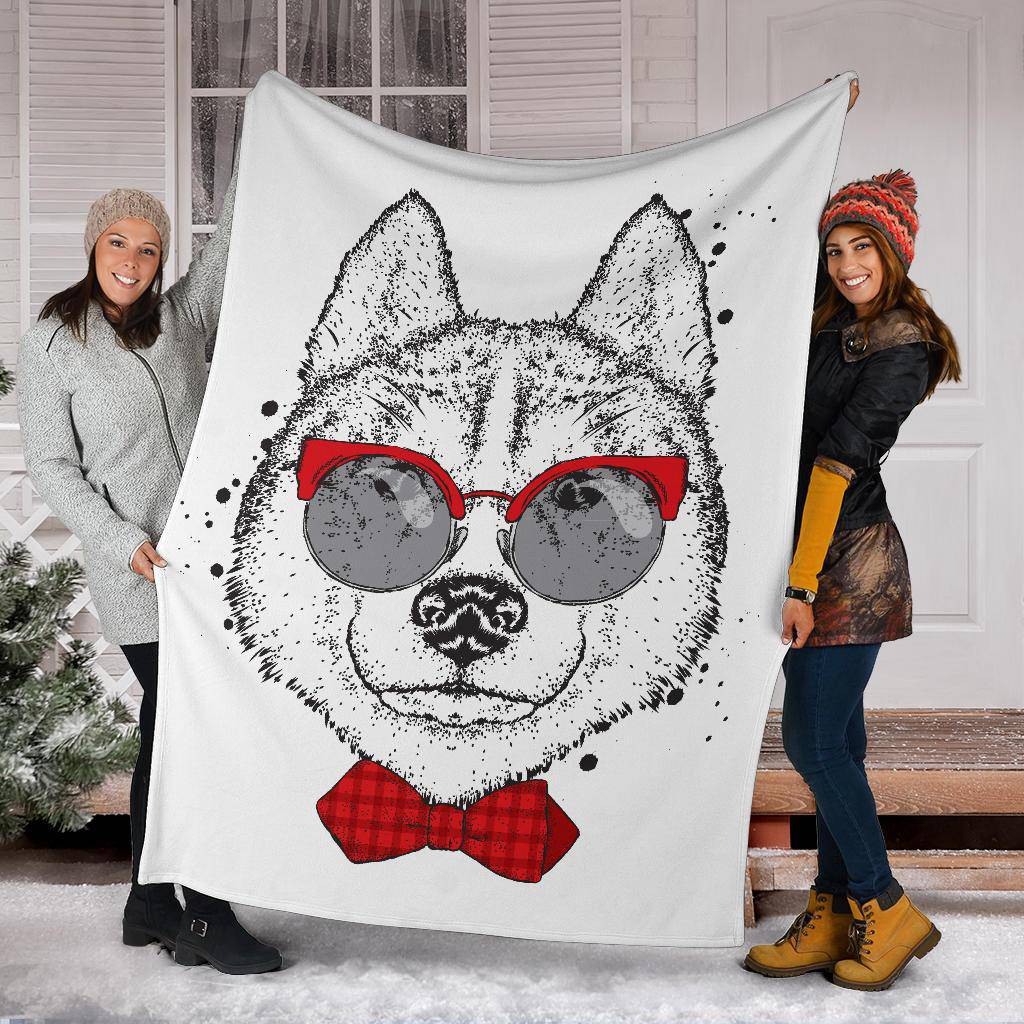 Cute Husky Drawing With Tie And Glasses Premium Blanket - Top Content | POD Collection | Free Shipping