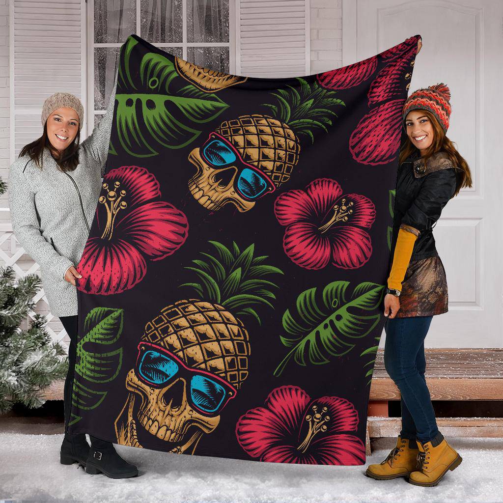 Tropical Flowers, Skull Pineapple Head Premium Blanket - Top Content | POD Collection | Free Shipping