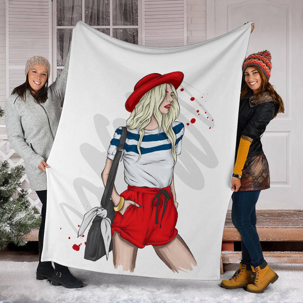 Stylish Red Summer Girl In Shorts Cartoon Premium Blanket - Top Content | POD Collection | Free Shipping