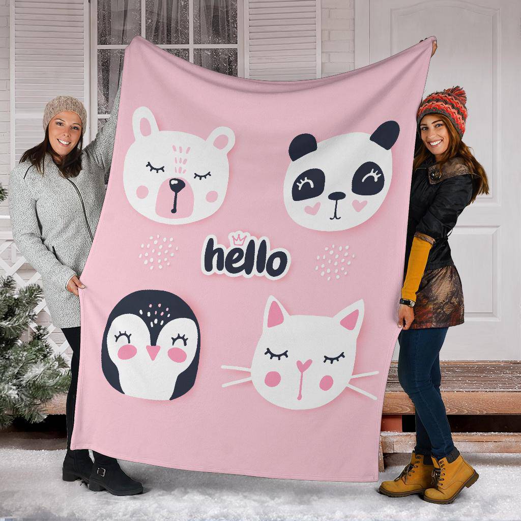 Hello Cute Bear Penguin Cat Bunny, Animal Cartoon Premium Blanket, - Top Content | POD Collection | Free Shipping