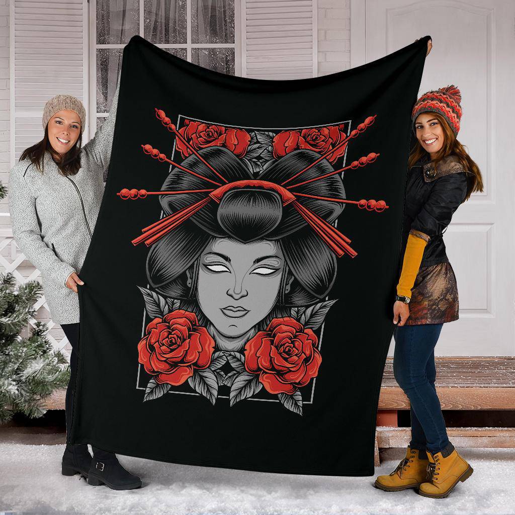 Geisha With Rose Flowers Cartoon Premium Blanket - Top Content | POD Collection | Free Shipping