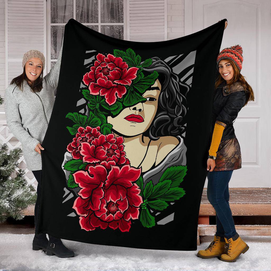 Beautiful Red Flower Women Cartoon Drawing Premium Blanket - Top Content | POD Collection | Free Shipping