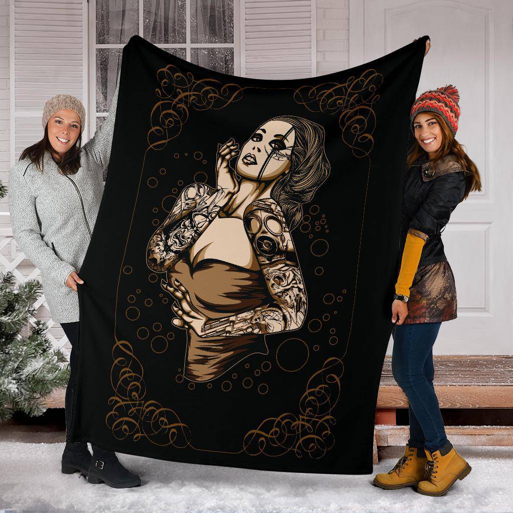 Sexy Tattooed Girl Premium Blanket, Tattoo Style Cartoon Drawing - Top Content | POD Collection | Free Shipping