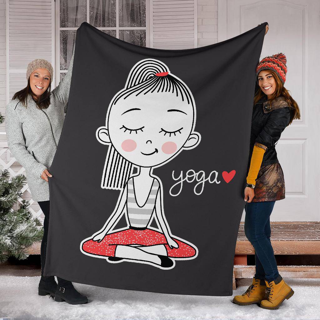 I Love Yoga, Cut Girl Doing Yoga, Lotus Position Cartoon Premium Blanket - Top Content | POD Collection | Free Shipping