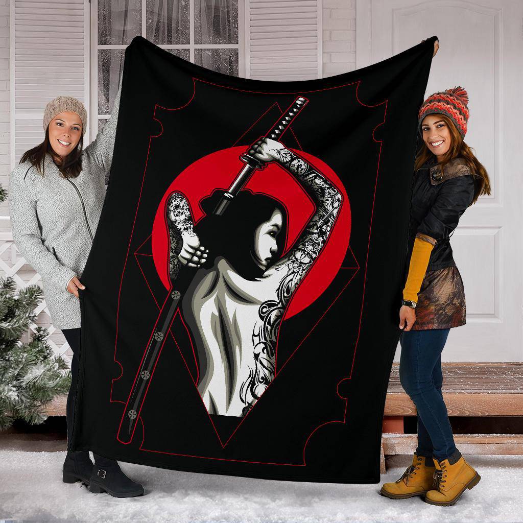 Samurai Woman Tattoo Japan Sword Red Sun Premium Blanket - Top Content | POD Collection | Free Shipping